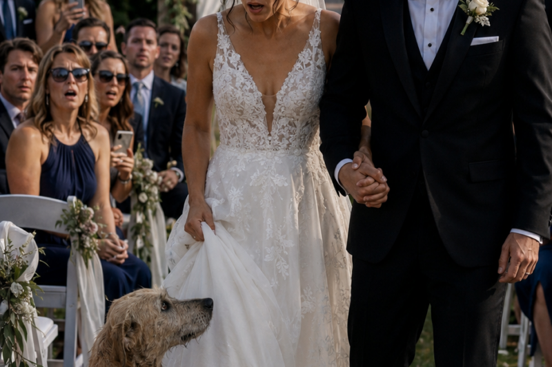 THE DOG WALKED INTO THE WEDDING LIKE HE ALREADY KNEW THE TRUTH. HE STOPPED IN FRONT OF THE BRIDE AND LOOKED AT HER LIKE HER LIFE WAS ABOUT TO CHANGE. AND IN THAT PERFECT SILENT MOMENT, SOMETHING NO ONE COULD EXPLAIN BEGAN TO break.