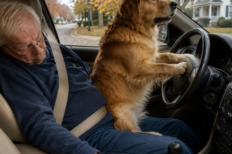 AN 82-YEAR-OLD MAN STOPPED BREATHING BEHIND THE WHEEL AS HIS CAR ROLLED TOWARD AN OAK TREE — BUT NO ONE KNEW HIS OLD GOLDEN RETRIEVER WOULD BREAK THE ONE RULE HE’D OBEYED FOR 11 YEARS AND HONK 28 TIMES TO SAVE HIM