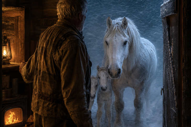 When Harold Mason opened the cabin door and saw the horse standing in the storm, his first thought was that grief had finally found a way to make itself visible.