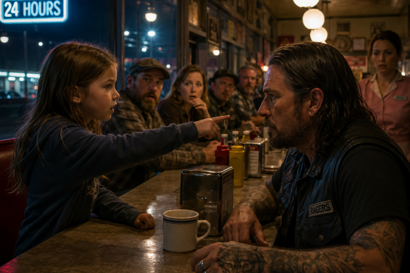 A LITTLE GIRL WALKED INTO AN AMERICAN DINER AT MIDNIGHT AND WHISPERED TO A BIKER, “SIR… HE IS NOT MY FATHER” — THEN THE WOLF TATTOO ON HIS HAND UNLOCKED A TRUTH BURIED FOR YEARS