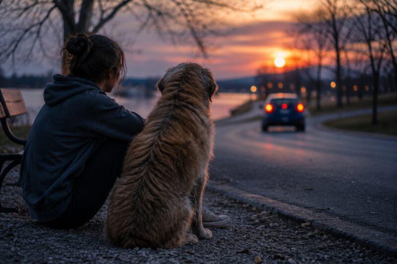 He stumbled once when his paws hit the gravel, caught himself, then stood there as the car door slammed shut and the sedan pulled away.