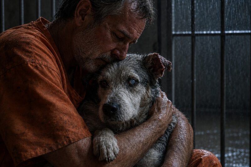 A dog.  Small. Gray-white. Thin enough that its ribs moved under its fur when it breathed. One ear torn. One eye cloudy and useless.
