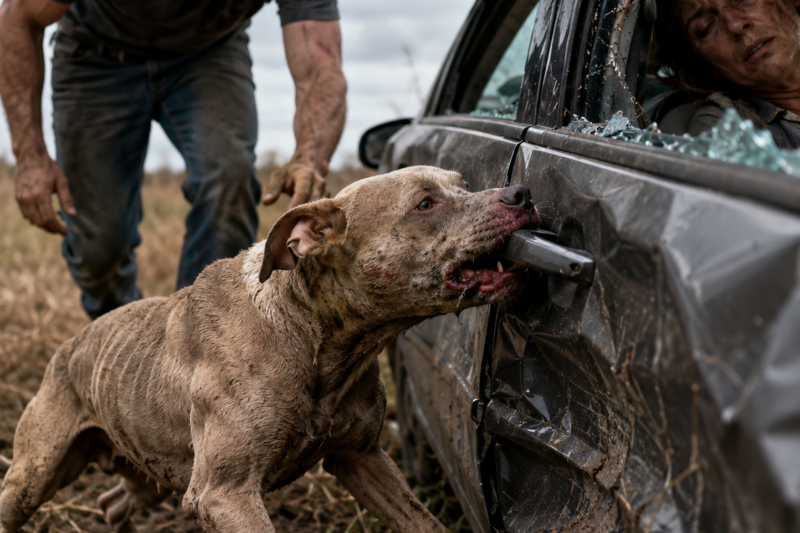 THE DOG HAD HIS TEETH LOCKED AROUND THE CAR DOOR HANDLE WHEN I FOUND HIM.  HE WAS PULLING WITH EVERYTHING HE HAD, SCREAMING LIKE SOMEONE INSIDE STILL HAD A CHANCE.  AND WHEN I LOOKED THROUGH THE BROKEN WINDOW, I SAW A WOMAN SLUMPED OVER THE STEERING WHEEL, NOT MOVING.