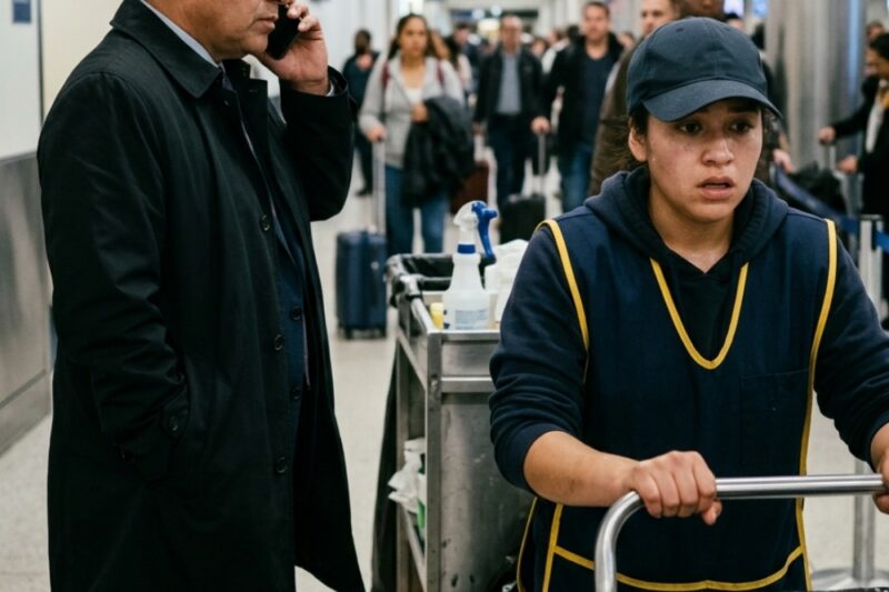 A cleaning lady came out pushing a cart with trash bags and paper towels stacked high. She saw me standing there, white-faced, shaking, no longer pretending I was fine.