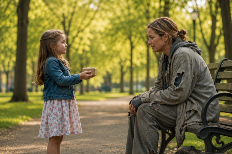 THE HOMELESS WOMAN THOUGHT THE LITTLE GIRL WAS ONLY OFFERING HER FOOD IN THE SNOW. SHE DIDN’T EXPECT THE CHILD TO LOOK INTO HER EYES AND SPEAK LIKE SOMEONE WHO ALREADY KNEW HER. BUT THE MOMENT THE GIRL MENTIONED A BLUE SCARF, THE COLD AFTERNOON STOPPED FEELING LIKE AN ACCIDENT.