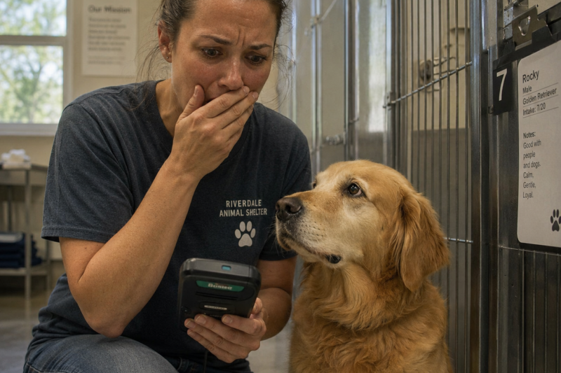 THE GOLDEN RETRIEVER HAD BEEN SITTING IN KENNEL SEVEN FOR TEN DAYS, WAITING LIKE HE RECOGNIZED SOMEONE WHO NEVER CAME.  THE SHELTER CALLED HIM ROCKY BECAUSE HE HAD NO COLLAR, NO TAGS, AND NO ONE TO CLAIM HIM.  BUT WHEN JESSICA SCANNED HIS MICROCHIP ONE MORE TIME, THE NUMBER ON THE SCREEN MADE HER COVER HER MOUTH.