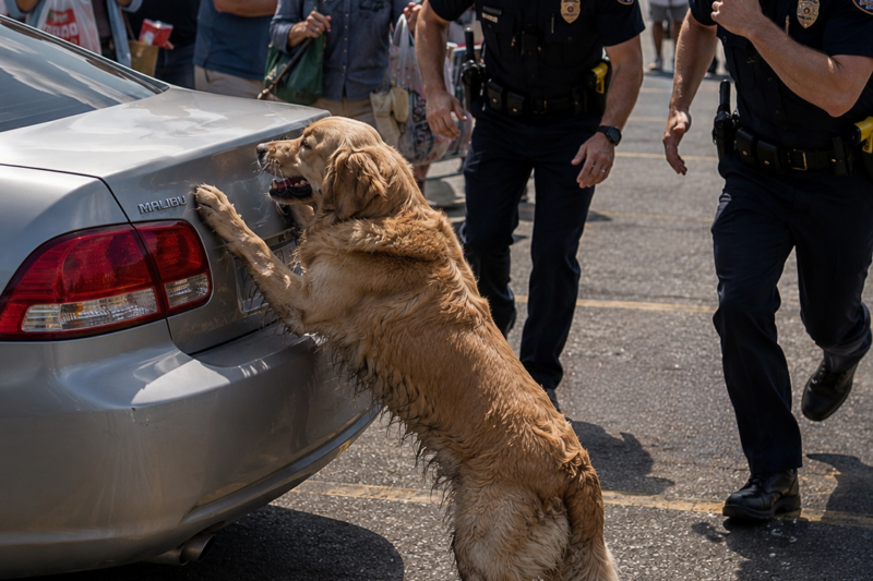 THE DOG WOULDN’T STOP SCRATCHING AT THE TRUNK.  PEOPLE LAUGHED AT FIRST, UNTIL THE CAR STARTED MAKING A SOUND NO ONE COULD EXPLAIN.  THEN ONE WOMAN LOOKED THROUGH THE BACK WINDOW AND SCREAMED FOR SOMEONE TO CALL 911.