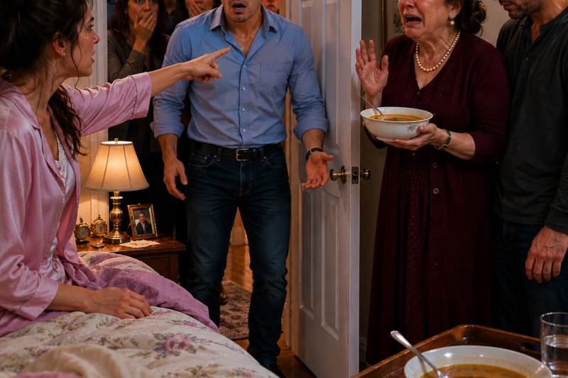 My mother-in-law put sleeping pills in my soup and snuck a stranger into my bedroom to destroy my marriage. But she forgot one thing: I never fell asleep, and a hidden camera caught even the sound of her lie. My husband arrived furious, with his entire family trailing behind him. She was crying, saying: “I found her with another man.” And I, with my stomach still completely empty of that soup, only asked: “Do you guys want to see the video first?”