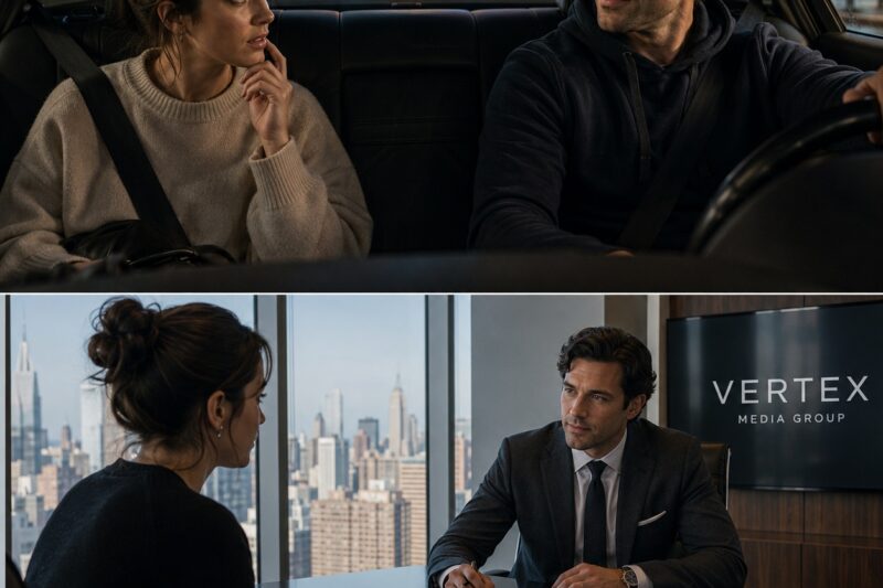 No warm dashboard light.  No steering wheel between them.  Just a tailored gray suit, calm eyes, and a nameplate on the folder in front of him that made her stomach drop.