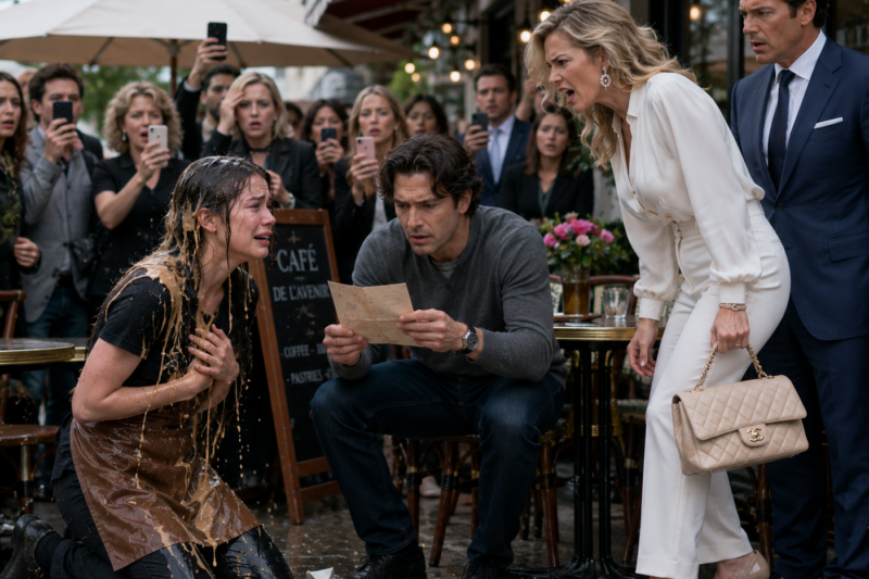 THE WHOLE STREET CAFÉ WENT SILENT WHEN THE COFFEE SPLASHED ACROSS THE WAITRESS IN FRONT OF EVERYONE. THE RICH WOMAN WANTED THE CROWD TO SEE A LIAR, A THIEF, AND A GIRL WHO DESERVED TO BE HUMILIATED. BUT WHEN A SEALED LETTER FELL FROM THE WAITRESS’S APRON, THE SECRET INSIDE WASN’T ABOUT HER AT ALL.