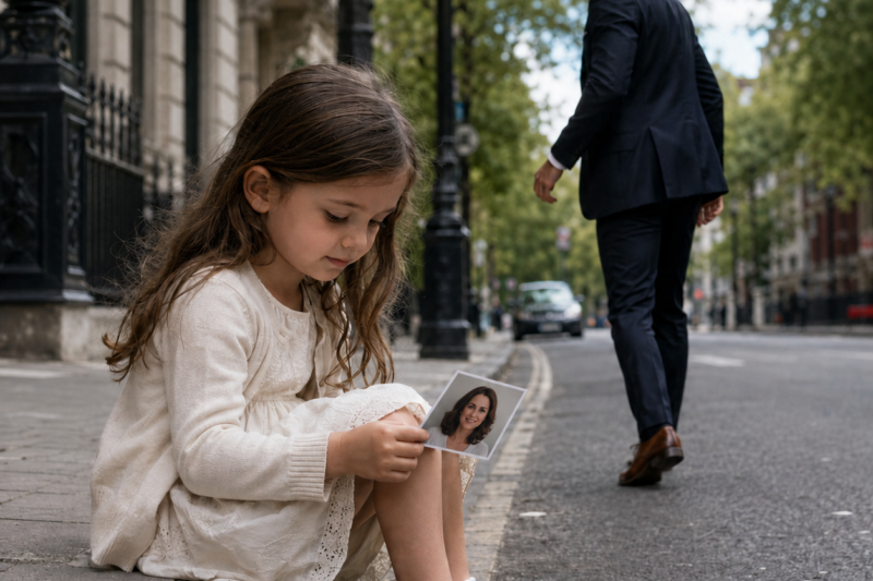 THE LITTLE GIRL FOUND THE PHOTOGRAPH ON THE COBBLESTONE STREET AND SAW HER MOTHER’S FACE INSIDE A STRANGER’S HAND. THE MAN IN THE DARK SUIT SAID THAT WOMAN WAS HIS WIFE, GONE FOR YEARS AND BURIED WITH HIS HEART. BUT WHEN THE CHILD WHISPERED, “NO… MY MOM IS ALIVE,” THE QUIET STREET TURNED INTO A PLACE WHERE EVERY OLD LIE COULD BE HEARD BREATHING