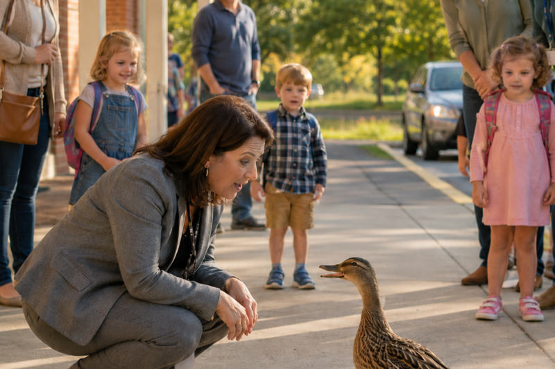 Mama Duck Approaches Preschool Director During Dismissal And Asks For Help