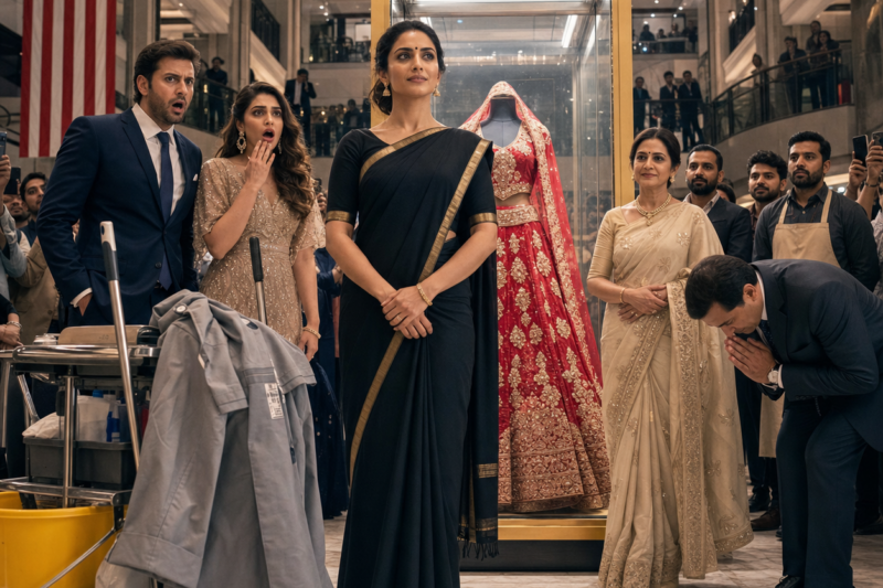 “Madam, the Agni Phoenix lehenga is ready, exactly as you requested.”  For three seconds, Arjun could not comprehend what he was seeing. The woman standing before him in the cream saree was not the meek, overlooked assistant he had once dismissed. She was Meera Kapoor—founder, investor, and the force behind the very launch he had mocked. And the mop in her hand was no longer a symbol of servitude—it was a reminder of every insult, every night spent building herself from scratch, every woman she had lifted with her hands and her vision.