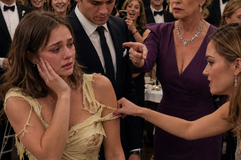 SHE WAS CALLED TRASH IN A BALLROOM FULL OF MILLIONAIRES—UNTIL THE WINDOWS STARTED TO SHAKE.  HER BOYFRIEND WATCHED HIS FAMILY DESTROY HER IN PUBLIC, BUT THE SOUND ABOVE THE HOTEL CHANGED EVERYTHING.  THEY LAUGHED WHEN HER DRESS WAS RIPPED, THEN THE BALLROOM DOORS OPENED AND EVERY SMILE DISAPPEARED.