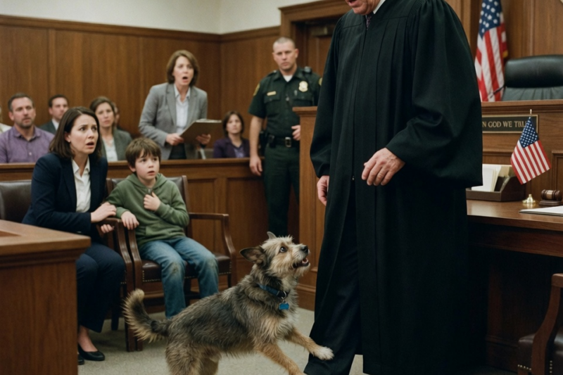 THE LITTLE DOG KEPT SCRATCHING AT THE JUDGE’S SHOES.