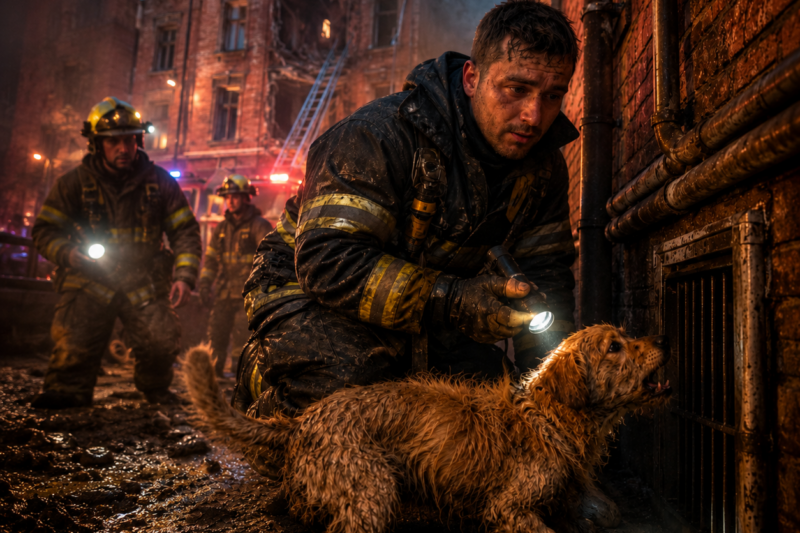 A SMALL GOLDEN DOG KEPT BARKING BESIDE A COLLAPSING BUILDING — AND LED RESCUERS TO THE ONLY WAY INSIDE