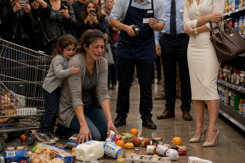 HE RICH WOMAN FLIPPED THE CART TO PROVE THE POOR MOTHER DIDN’T BELONG IN THAT SUPERMARKET. MILK SPLASHED ACROSS THE FLOOR, BABY FOOD ROLLED UNDER THE SHELVES, AND THE LITTLE BOY STARTED CRYING IN FRONT OF EVERYONE. BUT WHEN A SMALL PRICE TAG SKIDDED ACROSS THE AISLE AND THE WORKER SCANNED IT, THE WHOLE STORE REALIZED THIS WASN’T ABOUT GROCERIES.