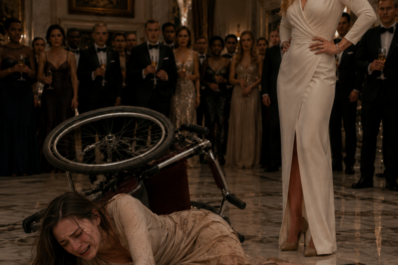 SHE HIT THE MARBLE FLOOR IN FRONT OF A ROOM FULL OF WATCHING GUESTS, AND NOT ONE OF THEM MOVED TO HELP HER. THE BLONDE WOMAN IN WHITE STOOD OVER THE OVERTURNED WHEELCHAIR LIKE SHE HAD JUST REMOVED A PIECE OF TRASH FROM HER PERFECT HOME. THEN A MAN RAN IN, DROPPED TO HIS KNEES BESIDE THE WOMAN IN TEAL, AND CALLED HER SOMETHING THAT CHANGED THE AIR IN THE ENTIRE MANSION.