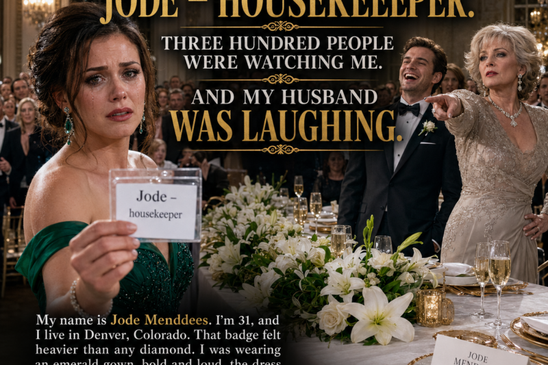 I held a plastic badge in my hand. It said: Jode – housekeeper. Three hundred people were watching me. And my husband was laughing.  My name is Jode Menddees. I’m 31, and I live in Denver, Colorado. That badge felt heavier than any diamond. I was wearing an emerald gown, bold and loud, the dress Lucas told me I could never wear. The scent of lilies and champagne hung thick in the ballroom. This was my sister-in-law’s engagement party—the event of the year in Cherry Creek—and I was holding in my hand exactly how little they thought of me.  There was a place at the head table with my name on it—but no chair. Not for me. My mother-in-law, Kora Hawthorne, pointed her manicured finger at the empty space and announced, loud enough for the entire room to hear, “This table is for family only.”