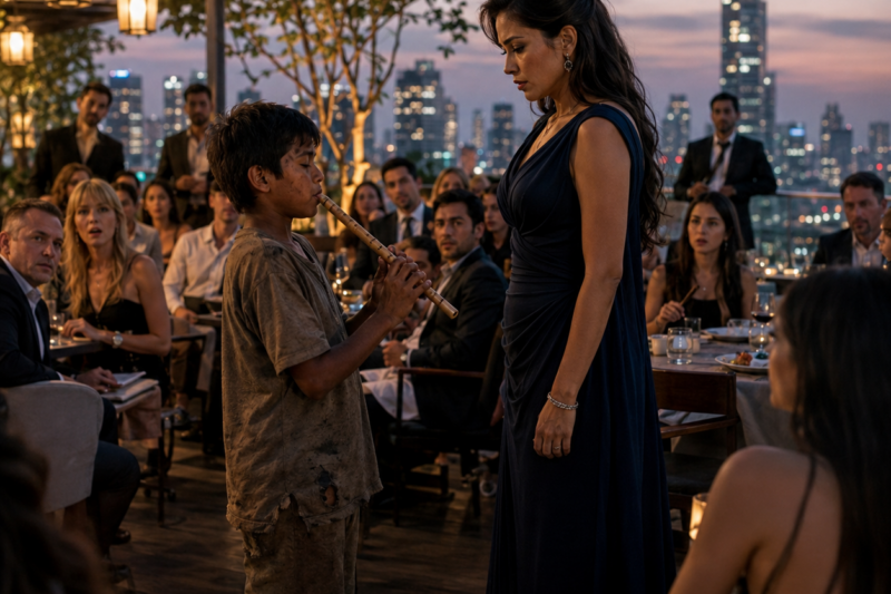 NO ONE INVITED THE BAREFOOT CHILD TO THE ROOFTOP PARTY, BUT THE MOMENT THE SILVER FLUTE BEGAN TO PLAY, EVERY GUEST TURNED. THE MELODY WAS TOO BEAUTIFUL FOR A CHILD IN TORN CLOTHES—AND TOO FAMILIAR FOR THE WOMAN IN THE GOLD DRESS TO SURVIVE HEARING IT CALMLY. THEN HER HUSBAND STEPPED OUT HOLDING THE MATCHING FLUTE CASE, AND THE CHILD STOPPED BREATHING.
