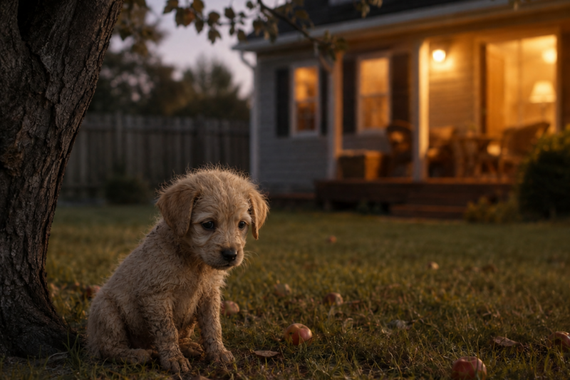 EVERY EVENING AT EXACTLY 6:30, A LITTLE PUPPY WALKED INTO MY YARD AND SAT UNDER MY APPLE TREE.  HE DIDN’T BEG FOR FOOD, BARK FOR ATTENTION, OR TRY TO COME INSIDE.  HE JUST WAITED FOR ONE HOUR… THEN LEFT WITH HIS HEAD HANGING LOW LIKE SOMEONE HAD BROKEN A PROMISE.