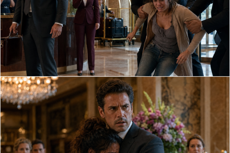 THE SECURITY GUARD GRABBED HER LIKE SHE WAS NOTHING.  THE MANAGER SMILED WHILE THE LOBBY WATCHED.  THEN THE EXECUTIVE ELEVATOR OPENED.