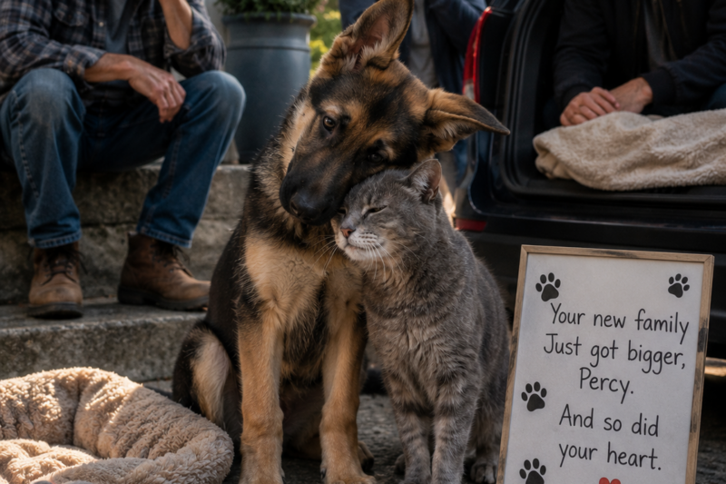 THE SHELTER BROUGHT ME A GERMAN SHEPHERD PUPPY WHO WAS TERRIFIED OF DOGS AND PEOPLE — BUT THEY DIDN’T KNOW HE WOULD TRY TO PURR BESIDE ONE OLD CAT LIKE SHE WAS THE ONLY MOTHER HE HAD LEFT