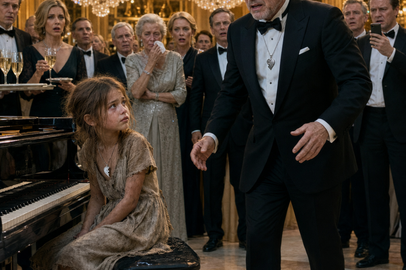 THE LITTLE GIRL ASKED TO PLAY PIANO FOR A MEAL. THEN A BILLIONAIRE RECOGNIZED THE SONG HE THOUGHT DIED TWENTY YEARS AGO. AND JUST AS HE SAW THE BROKEN HEART AROUND HER NECK, THE LIGHTS WENT OUT.