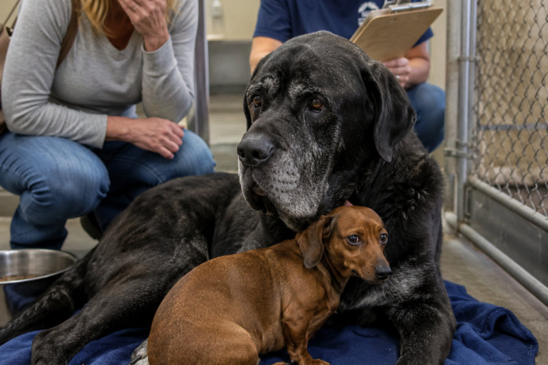 THE LITTLE DACHSHUND THOUGHT HE WAS ABOUT TO LOSE HIS WHOLE WORLD  THE SHELTER SAID I COULD TAKE THE LITTLE DOG HOME THAT SAME DAY.  BUT THE GIANT OLD DOG HAD TO STAY BEHIND.  THEN THE TINY DACHSHUND STARTED TREMBLING LIKE HIS HEART HAD JUST BROKEN.