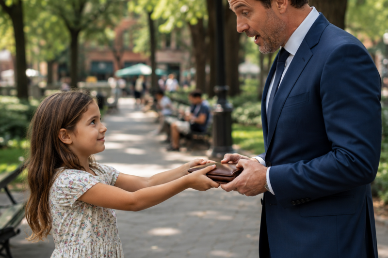 THE LITTLE GIRL ONLY WANTED TO RETURN A WALLET, BUT THE PHOTO INSIDE MADE HER STOP BREATHING. THE MAN IN THE BLUE SUIT SAID THE WOMAN IN THAT PICTURE WAS HIS WIFE, GONE FOR YEARS AND BURIED WITH EVERY ANSWER HE NEEDED. BUT WHEN THE CHILD WHISPERED, “SHE MADE ME BREAKFAST THIS MORNING,” THE WHOLE PARK SEEMED TO GO SILENT AROUND THEM.