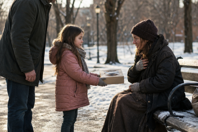 THE LITTLE GIRL IN THE YELLOW PARKA DID NOT SEE A HOMELESS WOMAN ON THE BENCH. SHE SAW SOMEONE HER FATHER HAD BEEN TRYING TO FORGET. BUT WHEN MAYA HANDED HER THE WARM PAPER BAG AND WHISPERED ONE SENTENCE, THE WOMAN STOPPED SHIVERING FOR A REASON THAT HAD NOTHING TO DO WITH THE COLD.