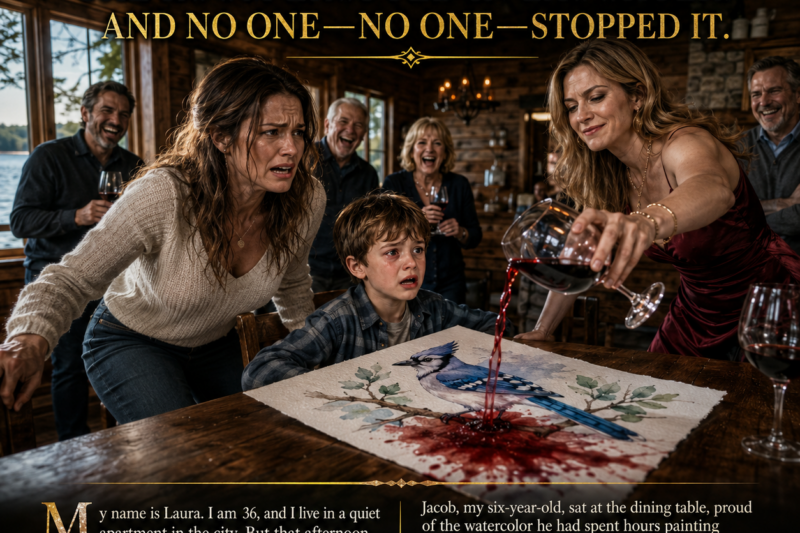 I watched my six-year-old son’s painting drown in red wine. The room erupted in laughter. And no one—no one—stopped it.  My name is Laura. I am 36, and I live in a quiet apartment in the city. But that afternoon, we were at the old lake cabin, the family gathering I had dreaded for years. It was 4:15 p.m. The exact minute my world shifted.  Jacob, my six-year-old, sat at the dining table, proud of the watercolor he had spent hours painting for his grandfather. The blue jay he created was delicate, almost alive on the thick white paper. And then it happened. My sister Jessica leaned over with a glass of red wine. She didn’t stumble or fumble. She tilted it perfectly—and poured.