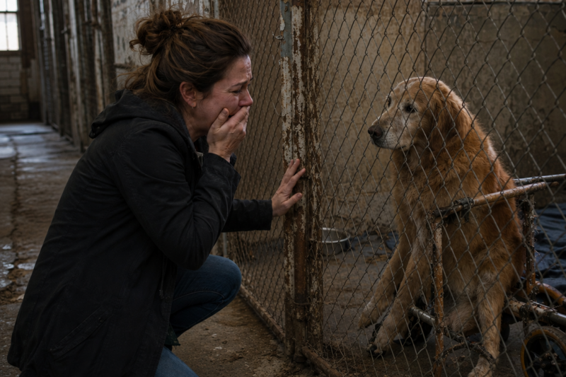 I WALKED INTO THE SHELTER TO ADOPT A NEW DOG AFTER THREE YEARS OF LIVING IN SILENCE.  I NEVER EXPECTED TO FIND THE GOLDEN RETRIEVER I HAD GIVEN TO MY EX-HUSBAND AFTER OUR DIVORCE.  BUT THERE HE WAS IN THE LAST KENNEL, SITTING ON A RUSTY WHEEL CART, HIS BACK LEGS HANGING LIFELESSLY BEHIND HIM.