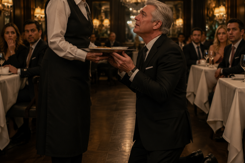 THE SILVER-HAIRED MAN WALKED INTO THE RESTAURANT LIKE SOMEONE WHO BELONGED TO POWER, MONEY, AND ROOMS FULL OF PEOPLE WHO STOOD WHEN HE ENTERED. BUT THE MOMENT AN ELDERLY WAITRESS LOOKED UP AT HIM, A MEMORY BROKE OPEN SO VIOLENTLY THAT HE FORGOT WHERE HE WAS. THEN, IN FRONT OF THE ENTIRE DINING ROOM, HE TOOK THE TRAY FROM HER SHAKING HANDS AND FELL TO HIS KNEES LIKE A MAN WHO HAD JUST FOUND THE PERSON WHO SAVED HIS LIFE.