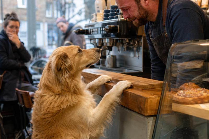 A GOLDEN-AND-WHITE DOG WALKED INTO A SMALL LONDON CAFÉ LIKE HE KNEW EXACTLY WHERE HE WAS GOING.  HE DIDN’T BEG FOR FOOD, SNIFF THE TABLES, OR LOOK AT ANYONE ELSE.  HE WENT STRAIGHT TO THE COUNTER, STOOD ON HIS BACK LEGS, AND STARED INTO THE BARISTA’S EYES UNTIL THE MAN STARTED CRYING.