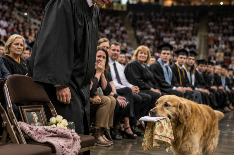 THE EMPTY SEAT WAS SUPPOSED TO BREAK HIM.  THEN HIS GRANDMOTHER’S GOLDEN RETRIEVER WALKED INTO THE ARENA.  AND WHAT BAILEY CARRIED IN HIS MOUTH MADE STRANGERS START CRYING.
