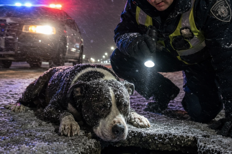 AT 3:07 A.M., A PATROL OFFICER FOUND A PITBULL FROZEN BESIDE INTERSTATE 80 — BUT THEY DIDN’T KNOW HER WEAK GROWL WASN’T A WARNING TO STAY AWAY… IT WAS A PLEA TO LOOK UNDER THE ROAD