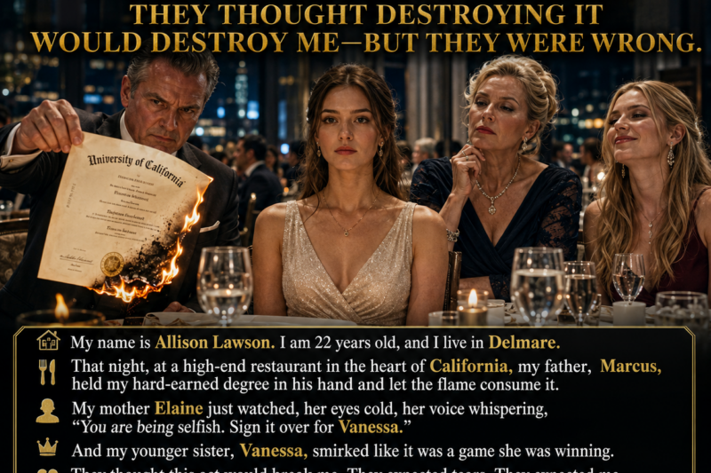 My father held my college diploma over a flame. The paper curled and blackened instantly. They thought destroying it would destroy me—but they were wrong.  My name is Allison Lawson. I am 22 years old, and I live in Delmare. That night, at a high-end restaurant in the heart of California, my father, Marcus, held my hard-earned degree in his hand and let the flame consume it. My mother Elaine just watched, her eyes cold, her voice whispering, “You are being selfish. Sign it over for Vanessa.” And my younger sister, Vanessa, smirked like it was a game she was winning.  They thought this act would break me. They expected tears. They expected me to beg, to collapse, to give in. But after 22 years of being invisible in my own family, my eyes were dry. I stood up calmly, smoothed my dress, and smiled. They had no idea the next week would belong to me.