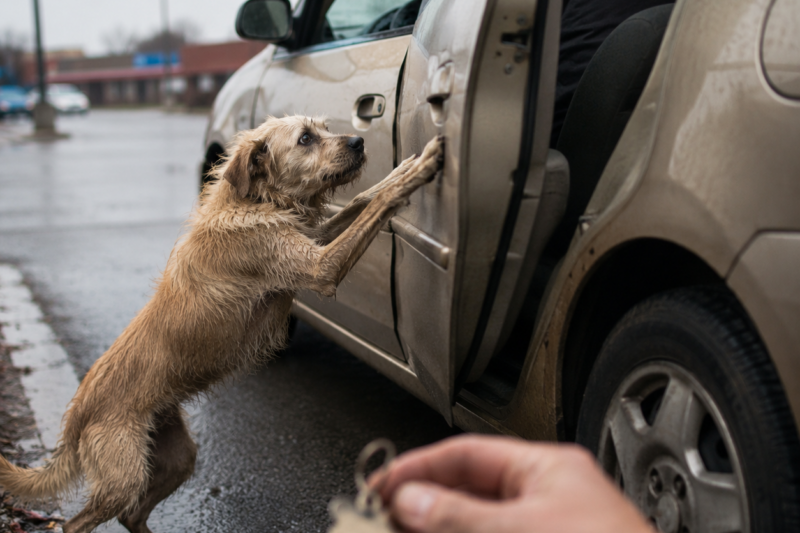 THE DOG TRIED TO CLIMB BACK INTO THE CAR AFTER THEY THREW HER OUT.  I KNOW THAT BECAUSE THE CAMERA CAUGHT HER FRONT PAWS REACHING FOR THE PASSENGER SEAT BEFORE THE DOOR SLAMMED SHUT.  AND WHEN I PICKED UP HER TAG, IT WAS STILL WARM.