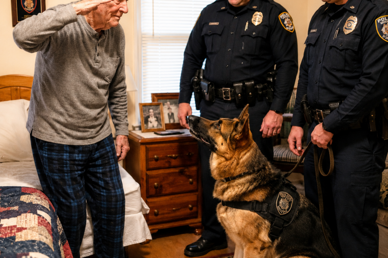 MY 87-YEAR-OLD GRANDFATHER HAD NOT STOOD UP IN TWO YEARS.  DOCTORS SAID HIS LEGS WOULD NEVER HOLD HIM AGAIN.  THEN TWO POLICE OFFICERS WALKED INTO OUR HOUSE WITH A GERMAN SHEPHERD… AND GRANDPA ROSE FROM HIS BED TO SALUTE HIM.