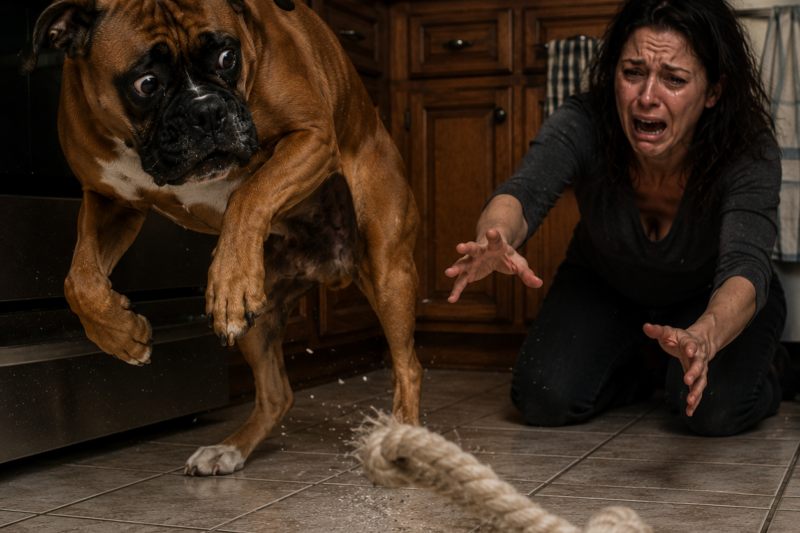 THE CLEAN ROPE HIT THE KITCHEN TILE, AND POLO JUMPED BACK LIKE IT HAD BURNED HIM.