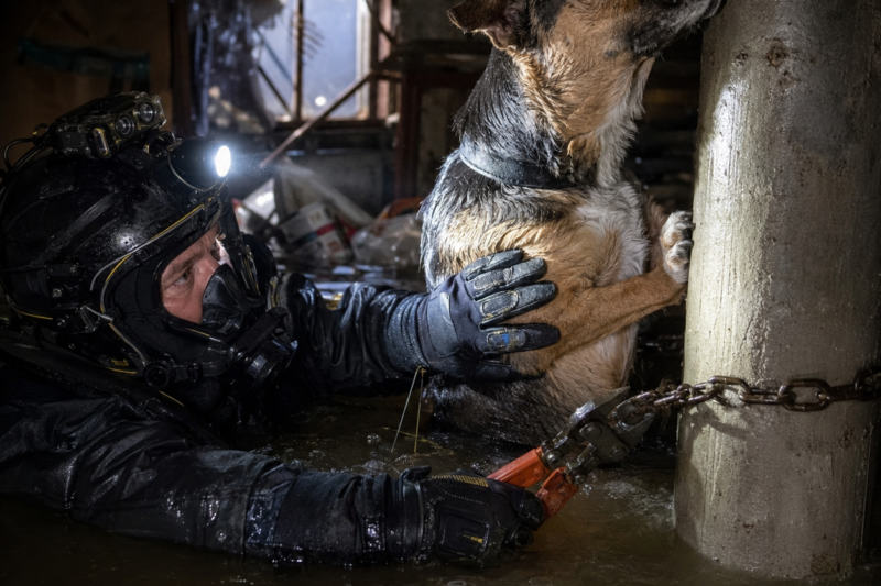 THE CAMERA CAUGHT TWO EYES IN THE WATER.  THE DOG WAS STILL ALIVE.  BUT THE CHAIN AROUND HIS NECK EXPLAINED EVERYTHING.