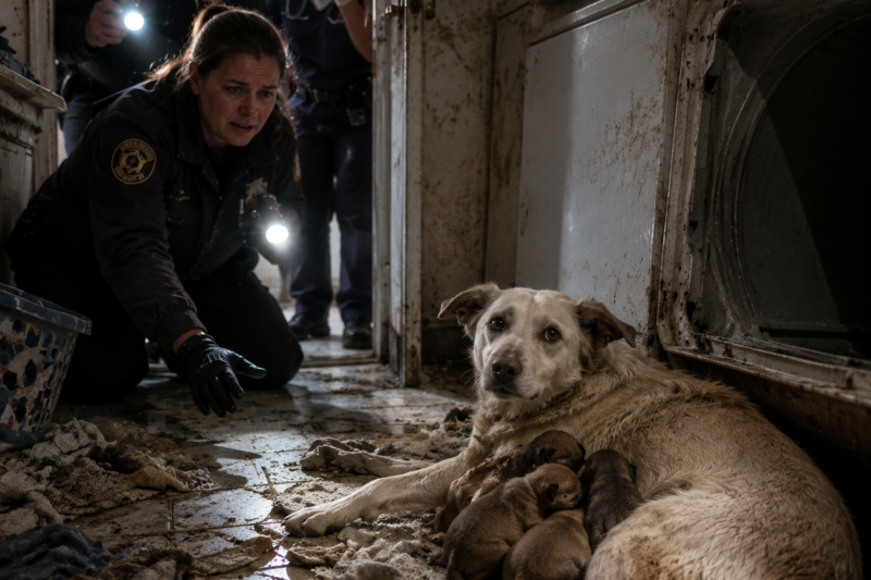 THEY FOUND TWENTY-SEVEN DOGS D3AD INSIDE THE PROPERTY.  BUT BEHIND A SWOLLEN LAUNDRY ROOM DOOR, SOMETHING WAS STILL BREATHING.  AND WHEN THE OFFICERS MOVED CLOSER, A STARVING MOTHER LIFTED HER HEAD.