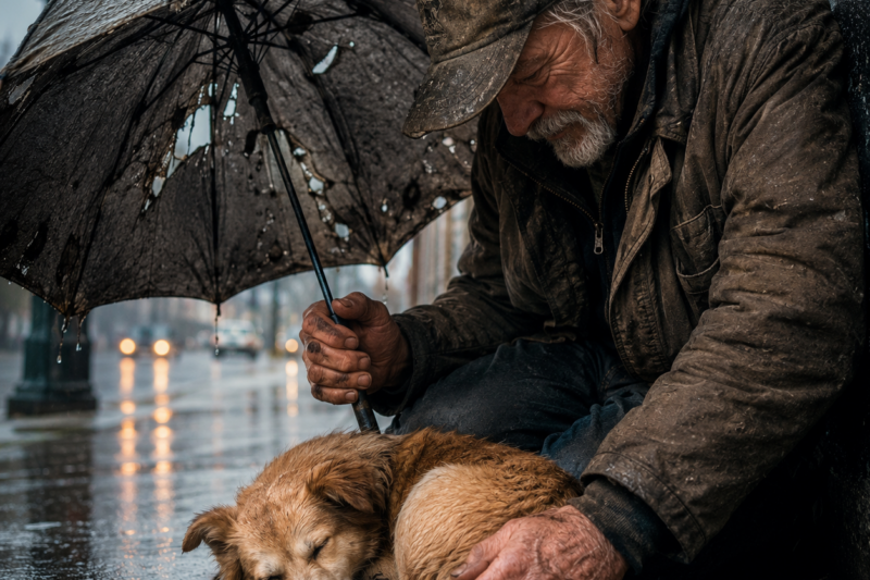 HE HELD THE UMBRELLA OVER THE DOG, BUT NOT OVER HIMSELF. THE RAIN SOAKED HIS COAT WHILE THE OLD DOG SLEPT LIKE IT HAD FINALLY BEEN SAVED. AND NO ONE ON THAT STREET KNEW WHAT HE HAD ALREADY LOST.