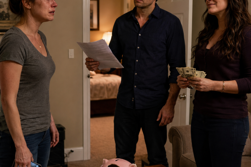 MY HUSBAND STOLE MONEY FROM OUR FOUR-YEAR-OLD SON’S PIGGY BANK AND HANDED IT TO HIS SISTER.  WHEN I CRIED, HE WALKED INTO THE BEDROOM AND CAME BACK WITH DIVORCE PAPERS.  BUT HE DIDN’T KNOW I HAD BEEN RECORDING EVERYTHING… OR WHO I REALLY WAS.