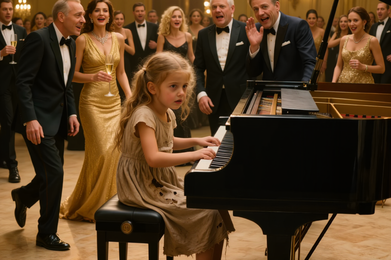 THE LITTLE GIRL PLAYED ONE FORGOTTEN MELODY IN A BALLROOM FULL OF PEOPLE WHO HAD JUST LAUGHED AT HER HUNGER. THE OLDER MAN RECOGNIZED THE SONG BEFORE HE RECOGNIZED HER FACE, AND THAT WAS WHEN HIS PERFECT FAMILY HISTORY BEGAN TO CRACK OPEN IN FRONT OF EVERY GUEST. AND WHEN SHE WHISPERED, “MY MOM IS OUTSIDE… SHE’S SICK,” THE MAN WHO HAD ONCE CHOSEN SILENCE OVER LOVE FINALLY UNDERSTOOD THAT THE WOMAN HE LOST HAD BEEN WAITING IN THE COLD ALL ALONG