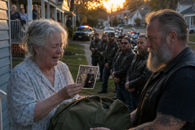THE WHOLE NEIGHBORHOOD HEARD THE MOTORCYCLES BEFORE THE OLD WOMAN SAW WHO HAD COME TO HER PORCH. A LINE OF BIKERS STOPPED OUTSIDE HER MODEST HOUSE IN PERFECT SILENCE, CARRYING A SOLDIER’S BAG LIKE IT HELD SOMEONE’S LAST BREATH. BUT WHEN SHE PULLED THE PHOTOGRAPH FROM THE DUFFEL, SHE SAW HER SON STANDING BESIDE THE MAN WHO SAID HE HAD D!ED SAVING HIS LIFE.