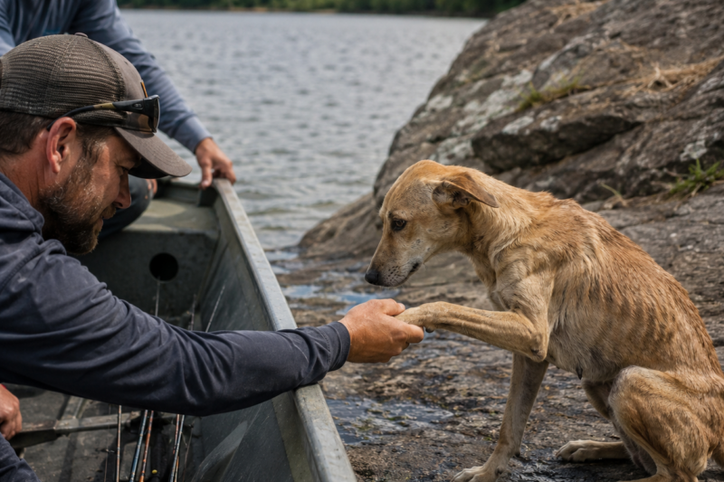 THE LITTLE TAN DOG SAT ALONE ON A ROCK IN THE MIDDLE OF THE LAKE, TOO TIRED TO BARK FOR HELP ANYMORE. FOR MONTHS, BOATS HAD PASSED BY WHILE SHE STARED AT THE SHORELINE LIKE HOME WAS A DREAM SHE COULD NO LONGER REACH. BUT WHEN TWO FISHERMEN FINALLY CAME CLOSE ENOUGH, THEY REALIZED THIS WASN’T JUST A STRANDED DOG — THIS WAS A SURVIVOR.