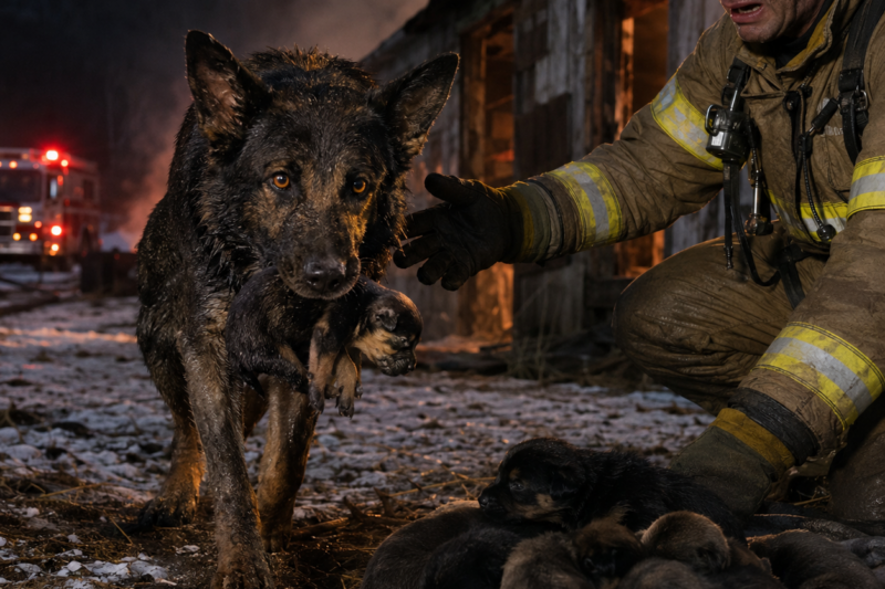 SHE RAN INTO THE FIRE AGAIN.  FOUR TINY PUPPIES WERE ALREADY SAFE.  BUT THE MOTHER DOG STILL TURNED BACK.
