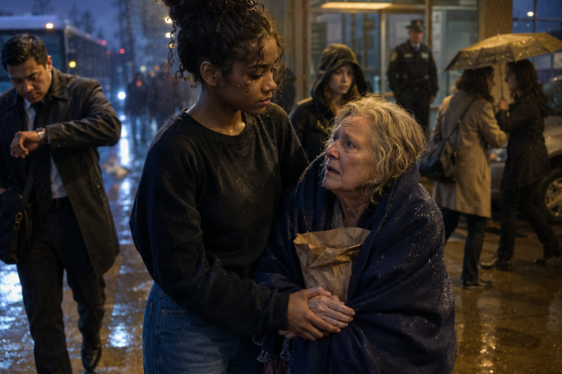 THE CROWD LEFT A LOST OLD WOMAN SHAKING IN THE RAIN — THEN A BLACK TEEN TOOK HER HAND AND UNCOVERED THE SECRET THEY TRIED TO BURY